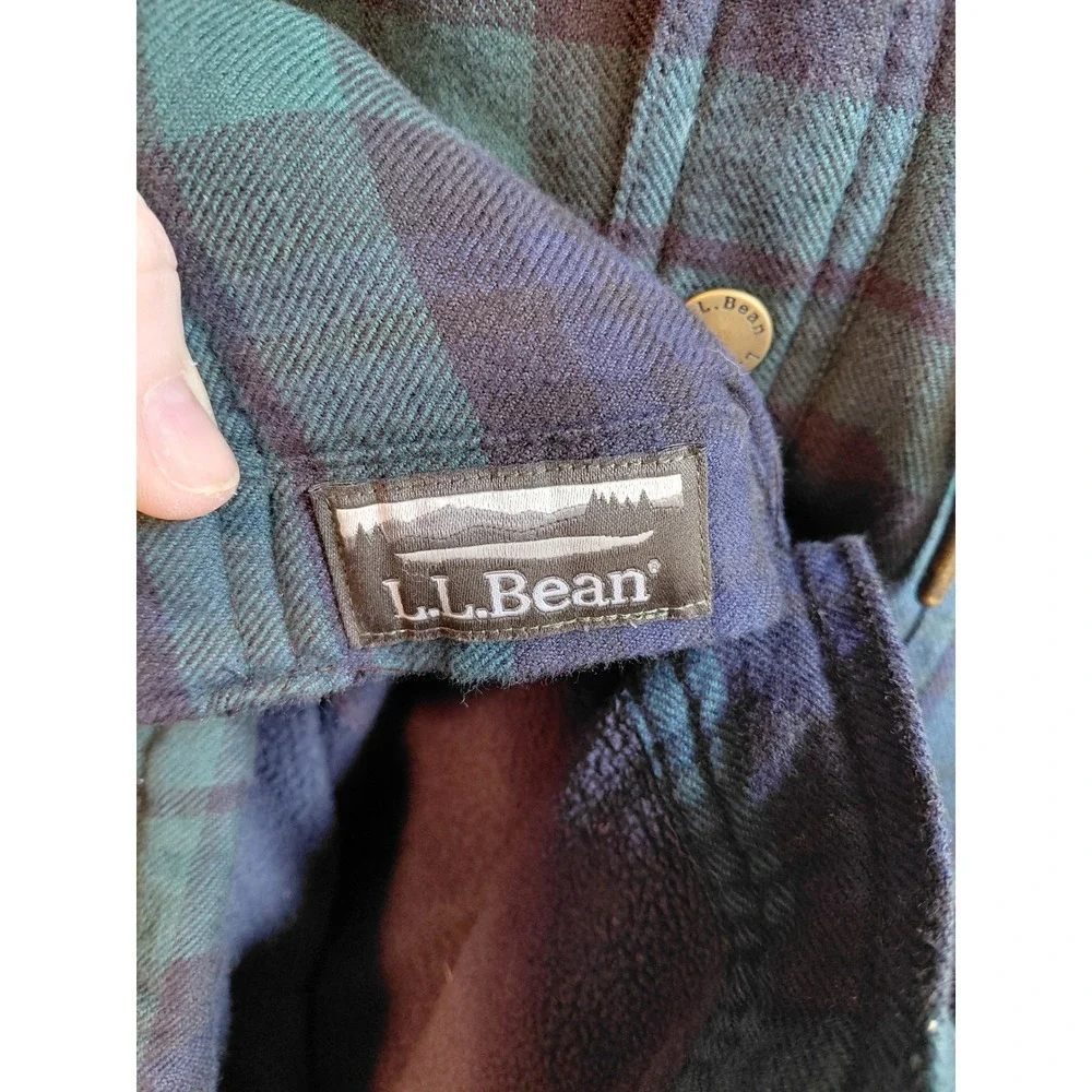 LL Bean M Plaid Fleece Lined Flannel Hoodie Navy Teal Shacket 513831
